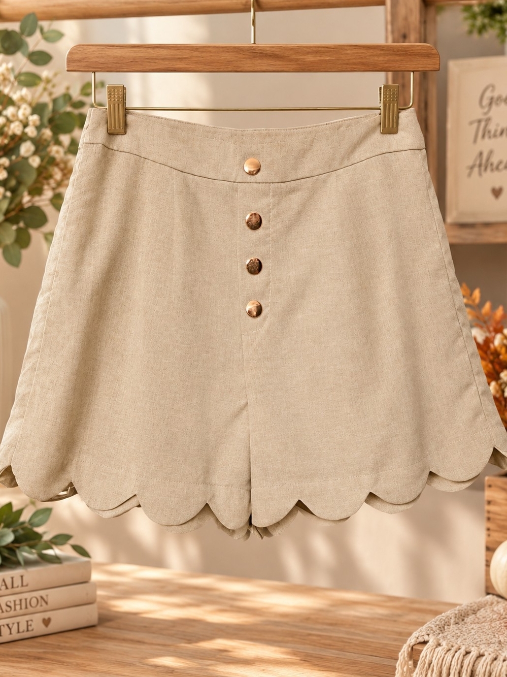 Scallop Hem High-Waist Linen-Blend Shorts — Beige